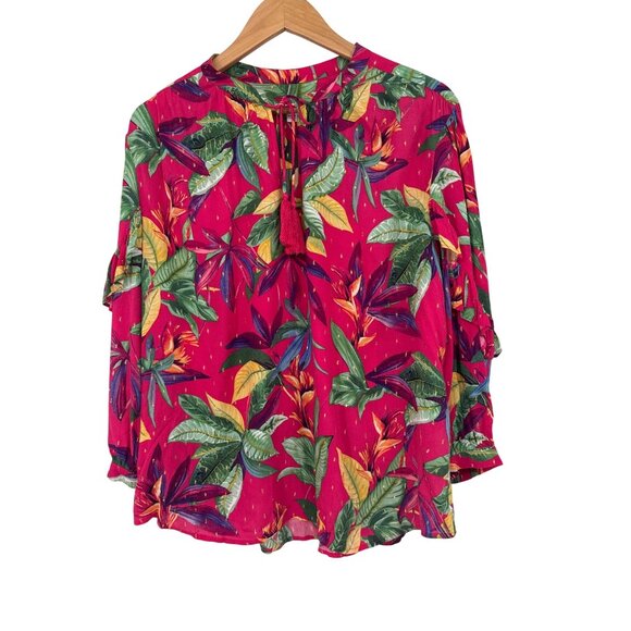 Chicos 2.5 Tropical Floral BlouseTassels pink Rayon Blend Size 14 Womens - Picture 2 of 5